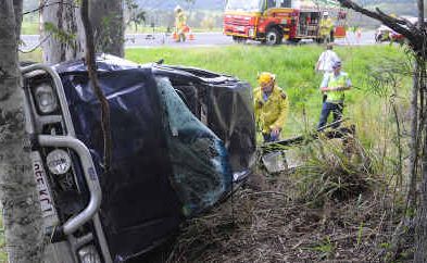 A women and her small dog escaped with minor injuries from this rollover on Tin Can Bay Road Thursday afternoon. A women and her small dog escaped with minor injuries from this rollover on Tin Can Bay Road Thursday afternoon.